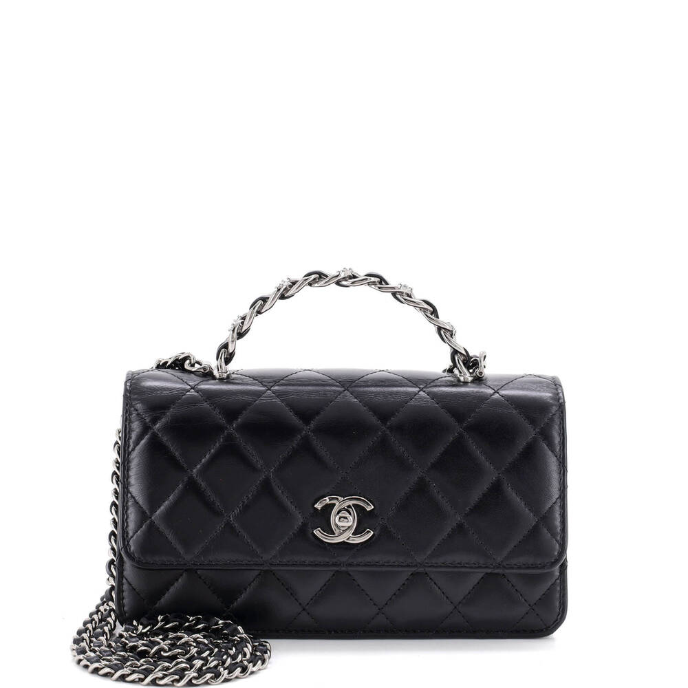 Chanel Top Handle Phone Holder with Chain Quilted Shiny Calfskin with Crystals